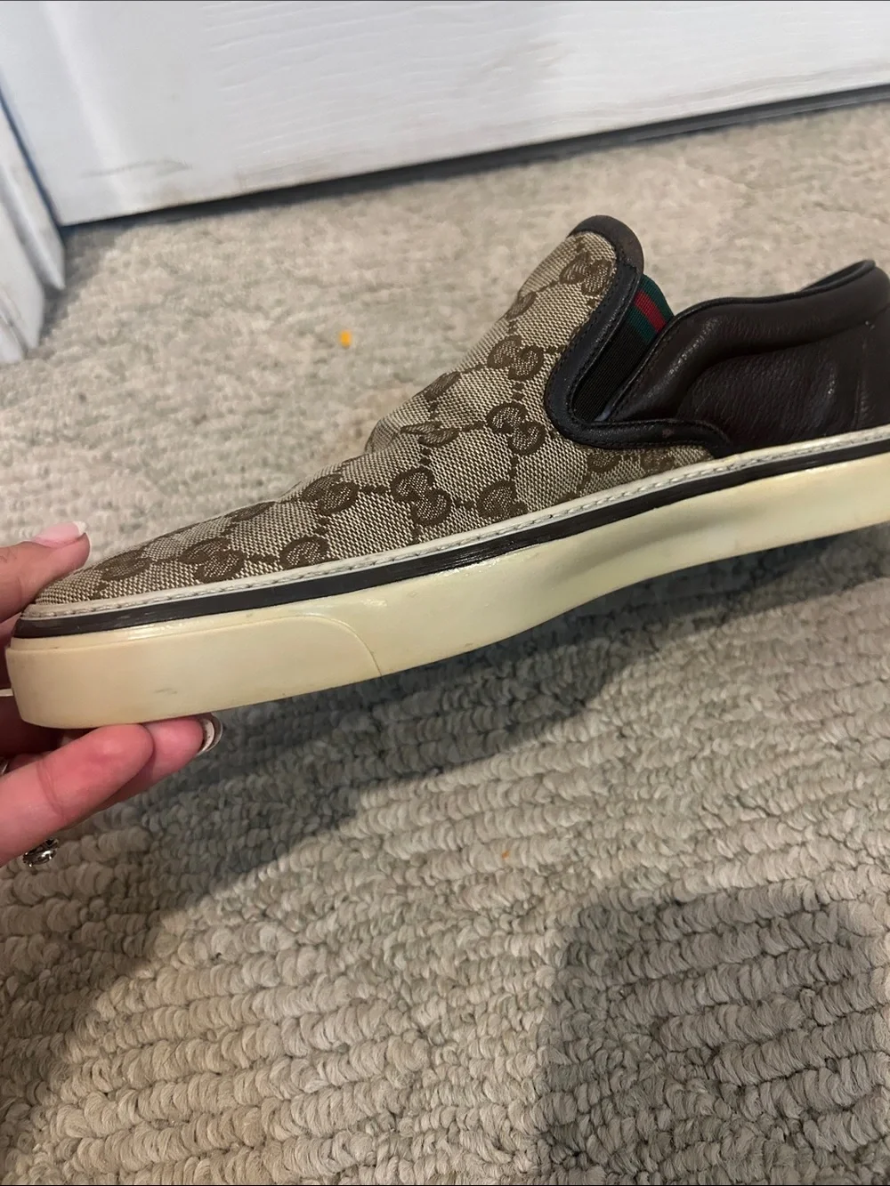 Gucci Beige Brown GG Canvas Slip-On Loafer with Dark Brown Trim